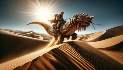 A desert nomad on a massive sandworm, traversing an endless dune sea under a scorching sun. - obrazy, fototapety, plakaty