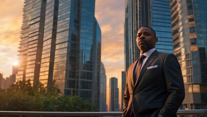 Fototapeta premium happy wealthy rich successful black businessman standing in big city modern skyscrapers street on sunset thinking of successful vision