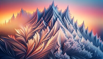 Close-up of intricate frost patterns on a window, mimicking the shape of a majestic mountain range. - obrazy, fototapety, plakaty