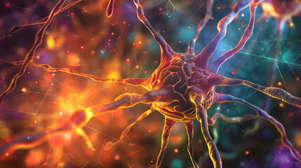 A close-up illustration of specialized brain cells interacting with neurotransmitters in a complex network - obrazy, fototapety, plakaty