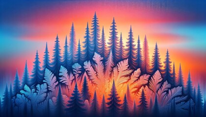 Frost patterns resembling a forest of pine trees on a glass surface, with a sunset orange and pink...