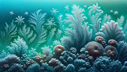 Poster An image of frost patterns on a window that create the illusion of an underwater coral reef scene, paired with a sea-green background. © FantasyLand86