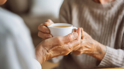 an elderly person with shaking hands, struggling to hold a cup of tea