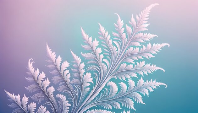 Frost patterns forming abstract shapes that resemble flowers or leaves against a soft pastel-colored background.