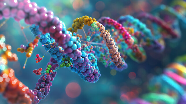 a detailed molecular structure of RNA molecules being targeted by splice-modifying drugs, with colorful strands representing different RNA sequences being altered