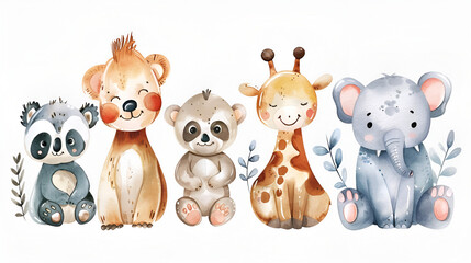 Watercolor Animals Character Collection: Cute Panda and Sloth Illustration, Wildlife Nature Artwork, Adorable Animal Characters, Generative Ai