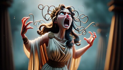 A whimsical, animated art style image capturing Electra's fury, set within the context of Greek mythology.