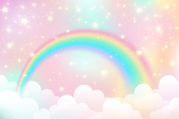 Holographic fantasy rainbow unicorn background with clouds. Pastel color sky. Magical landscape, abstract fabulous pattern. Cute candy wallpaper. Vector. © Chorna_L