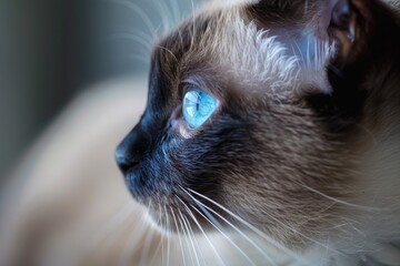 Blue-eyed Siamese cat staring intently, showcasing the captivating beauty of feline eyes and grace

