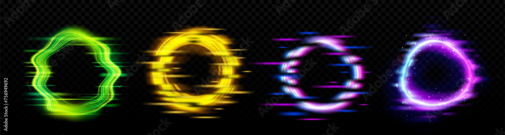 Poster neon glowing circle frame with glitch effect on black background. realistic vector illustration set 