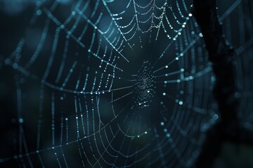 Dew-kissed spider web against a dark, mystical forest backdrop, encapsulating the beauty of nature's artistry.

