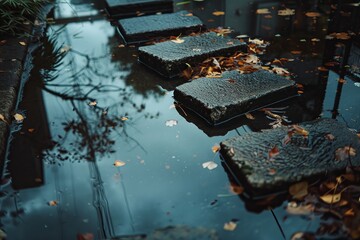 Stepping stones in a reflective rain puddle on an urban walkway.

