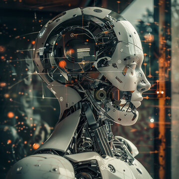 A cyborgs interior view, error message blinking, a concept of AI consciousness and fallibility