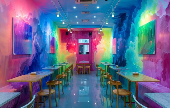 A cafe filled with paintings that change color depending on the mood