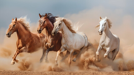 Obraz na płótnie Canvas Horses with Long Mane Portrait Run Gallop in Desert, Generative Ai