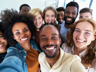Fototapeta premium Multicultural happy people taking group selfie portrait in the office, diverse people celebrating together, Happy lifestyle, start-up and teamwork concept