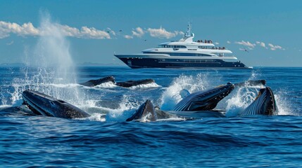 Fototapeta premium A yacht tour group watches in awe as a pod of whales breaches the ocean surface