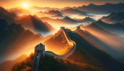 A breathtaking scene capturing the first rays of the sunrise illuminating the Great Wall of China.