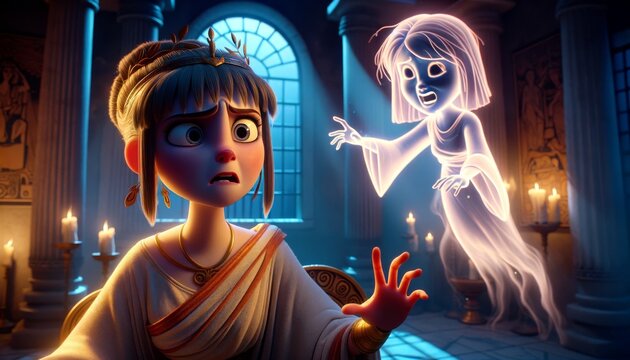 A whimsical animated art style image showing Clytemnestra haunted by the ghost of her daughter, Iphigenia.