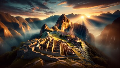 A serene and breathtaking image capturing the essence of a sunrise over the iconic ruins of Machu Picchu, Peru. - obrazy, fototapety, plakaty