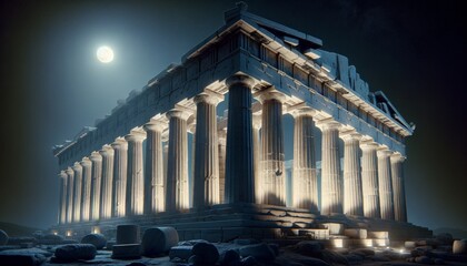 A detailed and noise-free artistic rendering of the Parthenon bathed in moonlight, offering a close or medium shot perspective. - obrazy, fototapety, plakaty