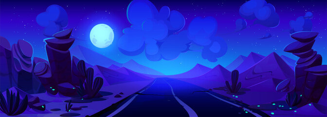 Night summer desert road. Vector cartoon illustration of old cracked highway on landscape with sandy dunes, cactus and plants, neon fireflies glowing in darkness, full moon in starry sky with clouds