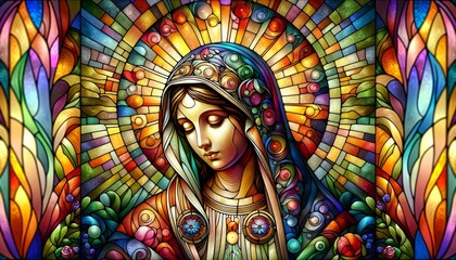 Craft a vibrant, stained glass-inspired digital artwork of the Virgin Mary, reflecting the style and spirit of the previously shared images.