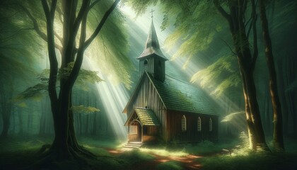 A small, rustic wooden church with a white steeple is nestled in a serene forest. - obrazy, fototapety, plakaty