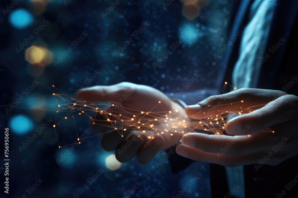Aufkleber close up of businessman hand holding connection lines on dark bokeh background ai machine learning h