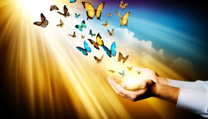 A pair of open hands releasing a multitude of butterflies, symbolizing new life and the rebirth of...
