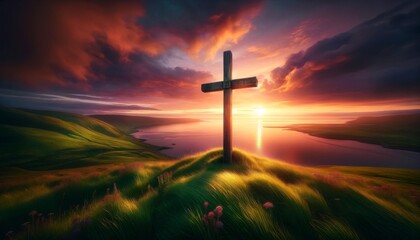 A cross standing on a hill overlooking a body of water with a sunset in the background. - obrazy, fototapety, plakaty