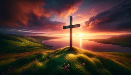 Fotobehang A cross standing on a hill overlooking a body of water with a sunset in the background. © FantasyLand86