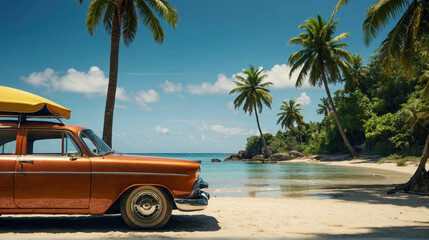 Retro car on the beach with coconut palm trees and blue sky