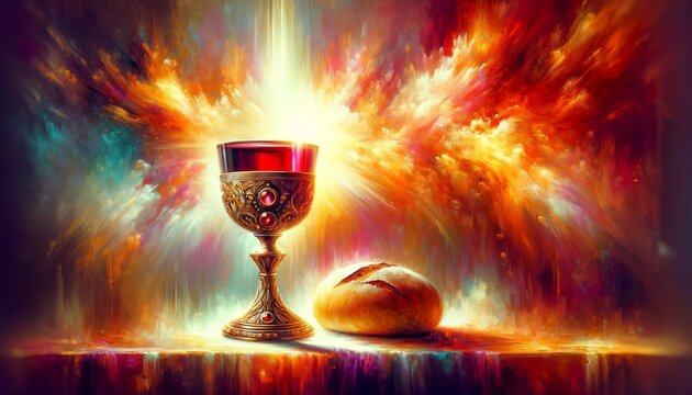 A chalice and a loaf of bread set against an abstract, glowing background that symbolizes the sacrament of Communion.