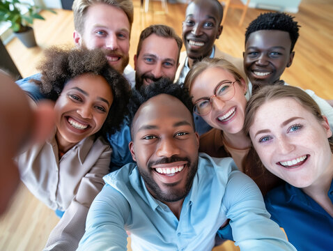 Multicultural happy people taking group selfie portrait in the office, diverse people celebrating together, Happy lifestyle, start-up and teamwork concept