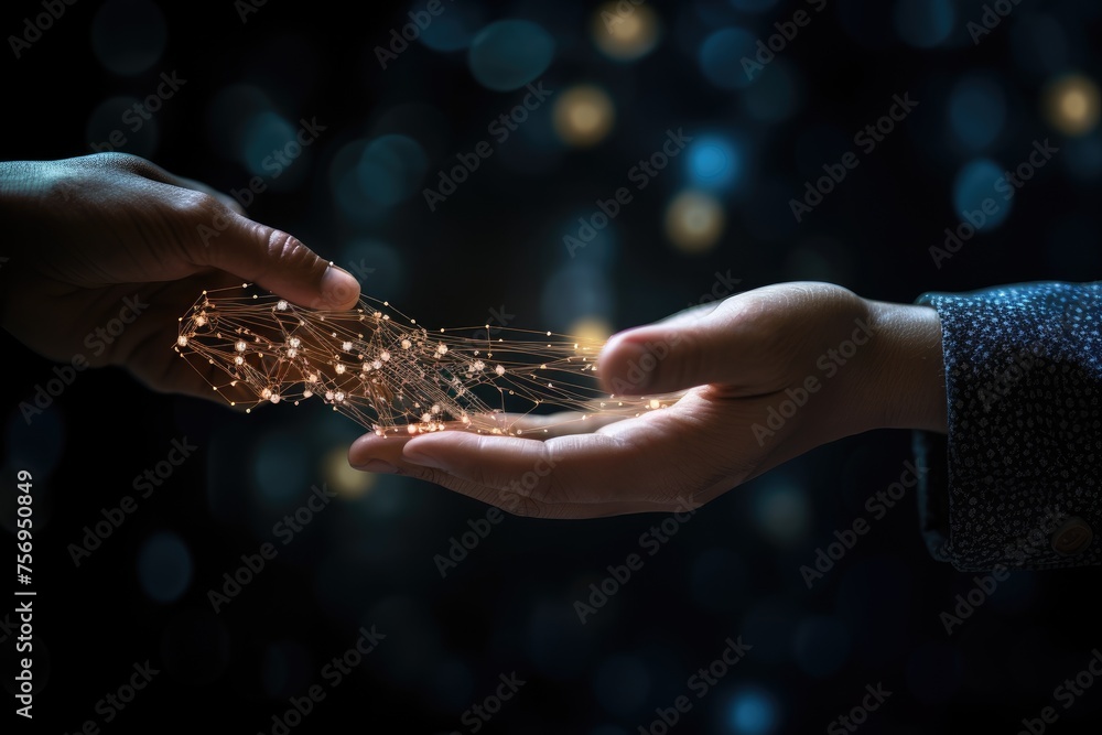 Poster close up of businessman hand holding connection lines on dark bokeh background ai machine learning h