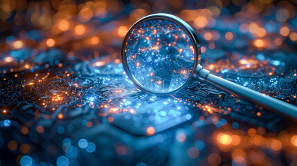 Magnifying glass on electronic circuit board over a computer motherboard. Blue bokeh background - obrazy, fototapety, plakaty