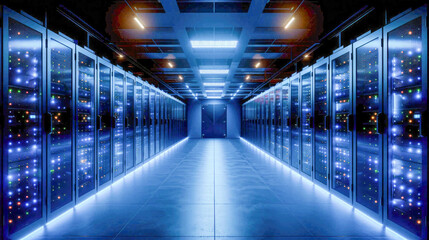 Futuristic server room with bright lights. Data center concept