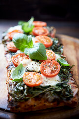 Open-faced toasted cheese sandwich with cherry tomatoes, spinach and fresh basil. Brown wooden background.	