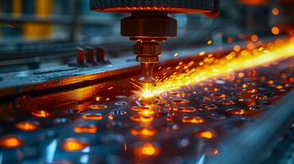 Industrial laser cutting metal with sparks flying in the air. Industrial background