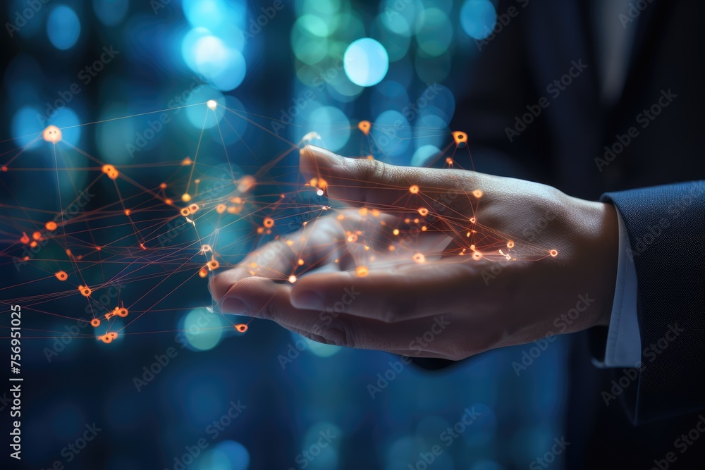 Poster ai machine learning hands of a robot and a human touching on a big data network connection, close up