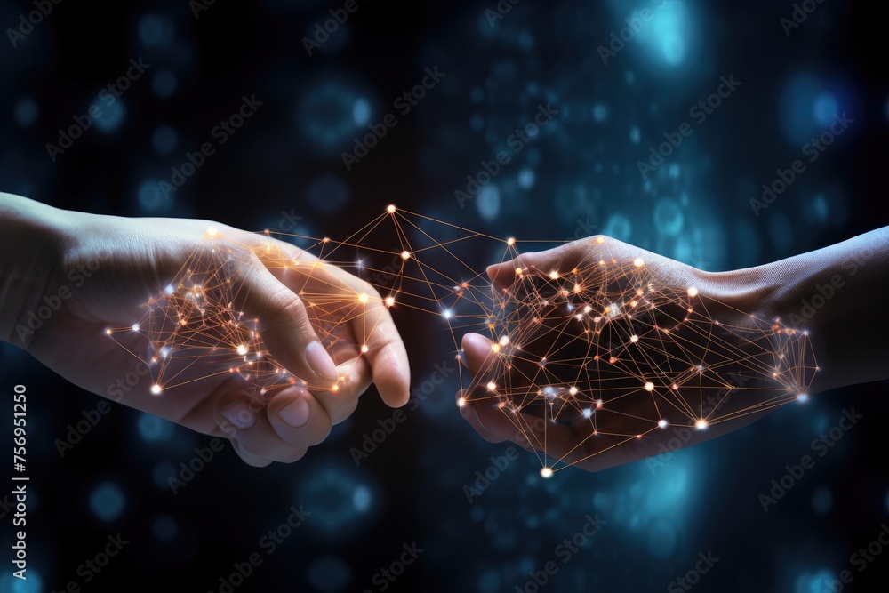 Aufkleber man holding in palm social connection technology on dark bokeh background ai machine learning hands 
