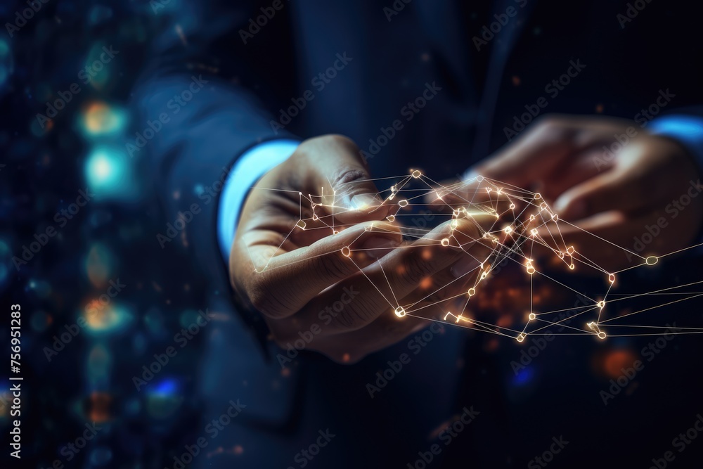 Aufkleber man holding in palm social connection technology on dark bokeh background ai machine learning hands 