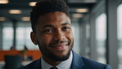 Obraz premium Portrait of successful young black african american businessman headshot of executive consultant looking at camera smiling inside modern office building