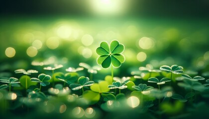 A medium shot capturing a small patch of clovers with one distinctive clover that has multiple leaves, signifying rarity and luck among the ordinary. - obrazy, fototapety, plakaty