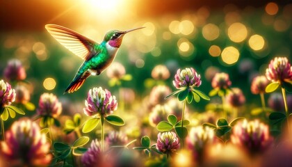 A detailed image showing a hummingbird hovering above clover flowers, wings in a blur of motion against a softly focused background of a clover field .