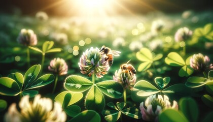 A close-up image of a clover blossom amongst the leaves, with a honeybee collecting pollen. - obrazy, fototapety, plakaty