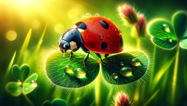 A close-up, vibrant image capturing a ladybug crawling on a clover leaf.