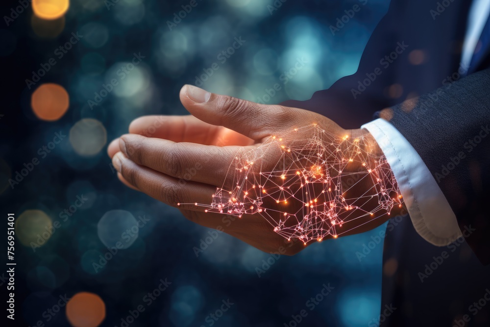 Aufkleber ai machine learning hands of a robot and a human touching on a big data network connection, close up