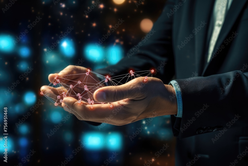 Poster ai machine learning hands of a robot and a human touching on a big data network connection, close up